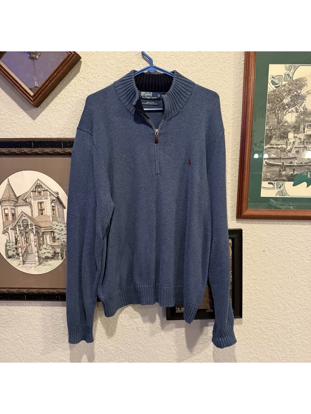 Vintage 90s Polo Ralph Lauren French Rib Knit Sweater 1/4 Zip Mens XL Light Blue